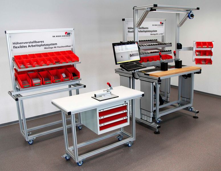 Ein Baukasten – viele Lösungen: das Lean-Arbeitsplatzsystem von RK Rose+Krieger basiert auf dessen Profil-, Linear-, und Verbindungstechnik-Produkten. (Bild: RK Rose+Krieger)