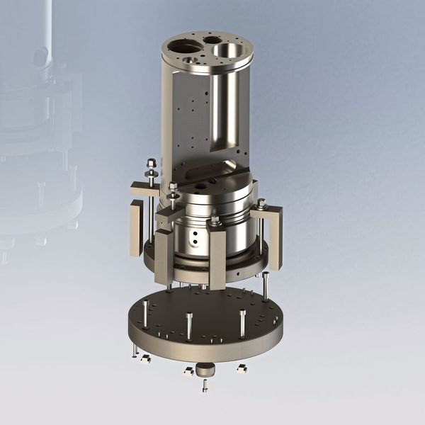 Konstruktion, Bau und Einsatz einer Vorrichtung zur Filigranspannung eines 200 Kg Bauteils um die Genauigkeiten im 0,02 mm Bereich zu fertigen. (Bild: Loll Feinmechanik)