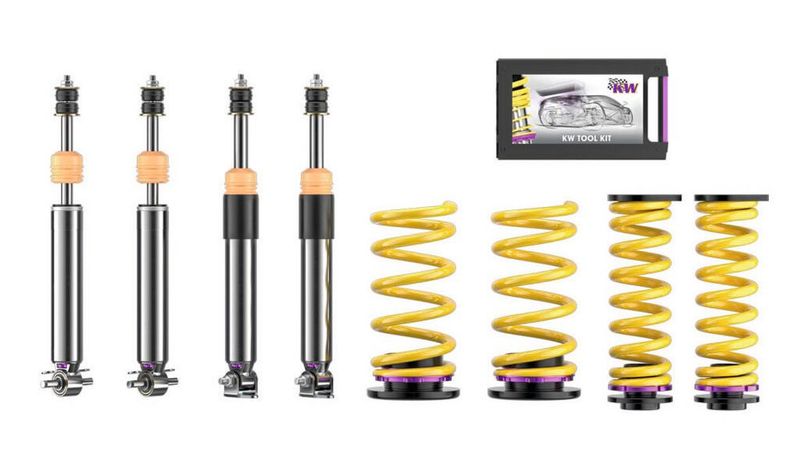 Das V3-Klassik-Fahrwerk beinhaltet vier einstellbare Stoßdämpfer sowie vier in der Höhe einstellbare Federteller samt spezieller Fahrwerksfedern. (Bild: KW Systems)