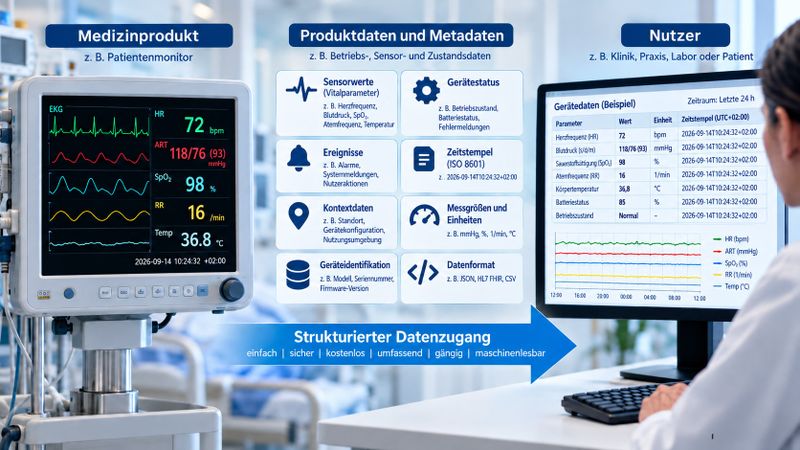 Vernetzte Medizinprodukte erzeugen Betriebs-, Sensor- und Zustandsdaten samt zugehöriger Metadaten. Bei neuen Produkten wird der strukturierte Datenzugang durch den EU Data Act zur Anforderung an die Produktarchitektur.(KI-generiert / Redaktion Devicemed)
