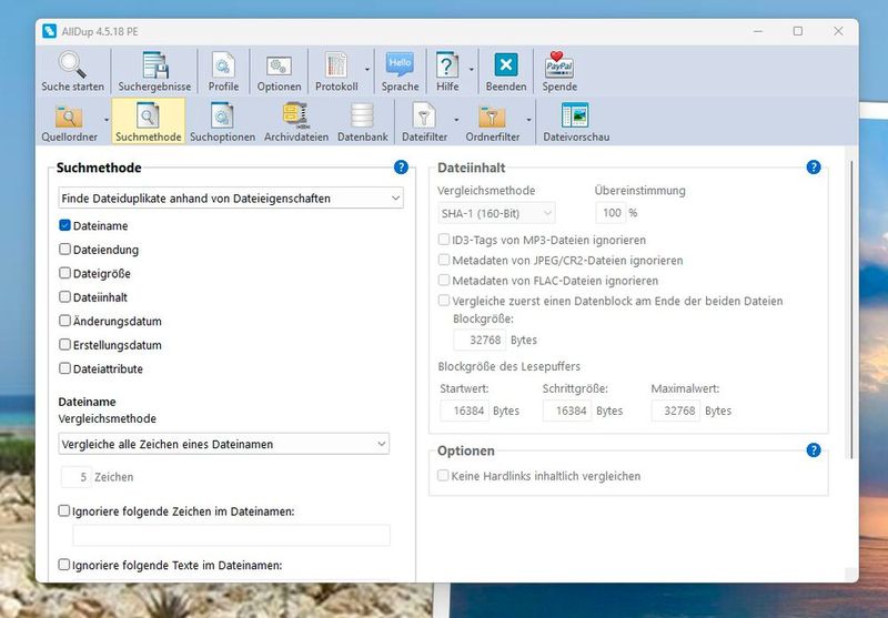 Anpassen der Suchmethode von AllDup. (Bild: Joos (Screenshot))