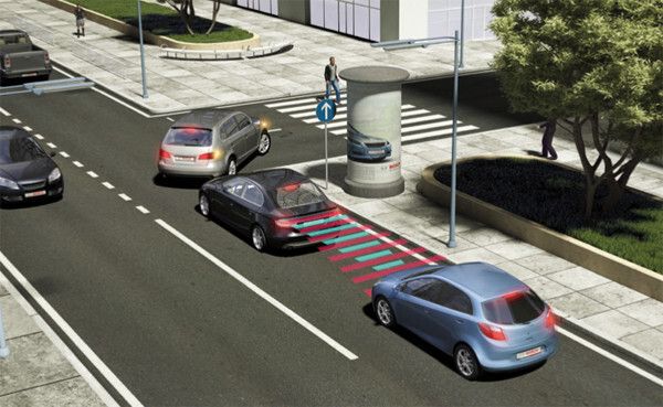 Notbremsassistent bei niedrigen Geschwindigkeiten: Bei niedrigen Geschwindigkeiten z. B. im Stadtverkehr kann das System durch automatisches Bremsen Auffahrunfälle vermeiden. Das System ist jederzeit abschaltbar. (Bosch)