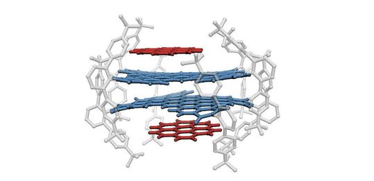 Zwei Nanographene (blau) mit sperrigen Seitenstrukturen (grau) haben je ein PAK (rot) angelagert und sich zu einem Viererstapel formiert. Zwei Nanographene (blau) mit sperrigen Seitenstrukturen (grau) haben je ein PAK (rot) angelagert und sich zu einem Viererstapel formiert.