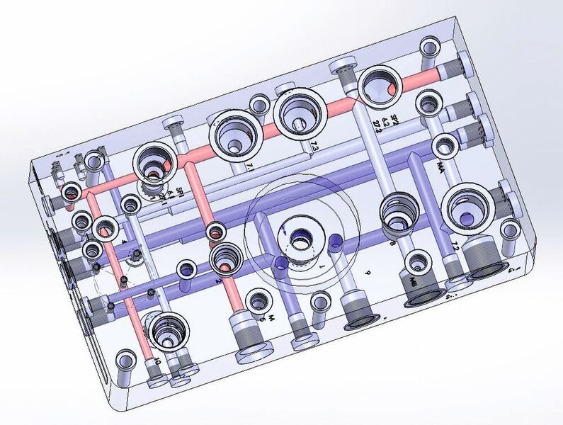 Das 3D-Modell eines Hydraulikblocks, auf dem die NC-Bearbeitung aufgebaut wird. (Elkomat)