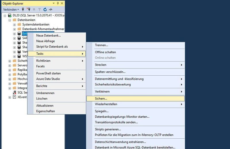SQL-Datenbank manuell im SQL Server Management Studio sichern.  (Joos/Microsoft (Screenshot))