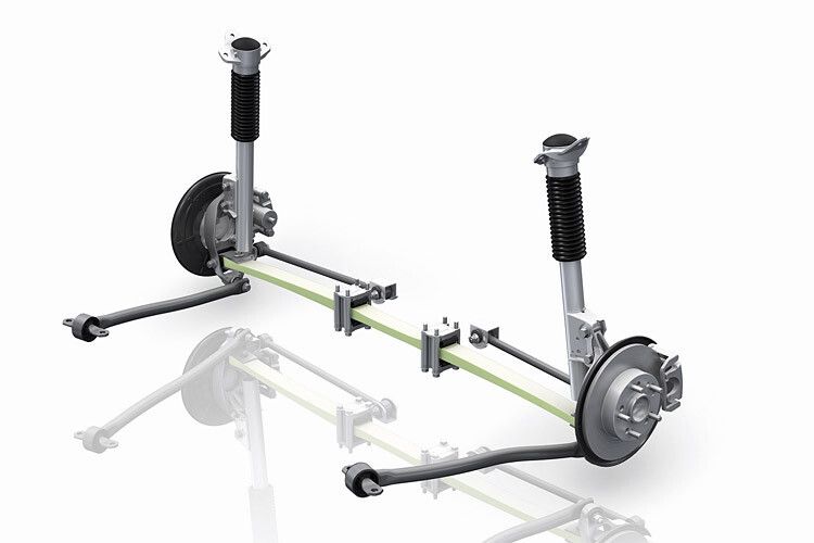 Die radführende Querblattfeder (grün) übernimmt in der ZF-Leichtbauachse Lenker- und Federungsfunktion. (Grafik: ZF)