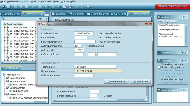 Schnellerfassung von Service-Aufträgen: Trifft z.B. eine Störmeldung ein, muss im System ein Reparaturauftrag angelegt oder ein Service-Ticket gezogen werden, kann in oxaion auf Knopfdruck ein Auftrag, Angebot oder Ticket erzeugt werden. (Bild: Oxaion)