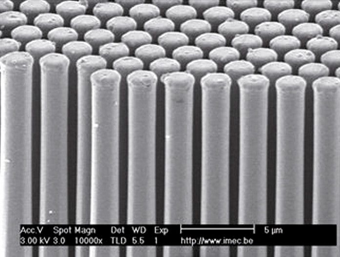 Bild 2: Die Elektroden- und Elektrolytmaterialien sollten auf mikrostrukturierte Oberflächen des Substrats aufgebracht werden, etwa mit Hilfe von Si-Pillarstrukturen, um die notwendige Batteriekapazität zu gewährleisten. Dargestellt ist die Beschichtung eines Si-Pillar-Arrays mit einem 200 nm dicken Film von elektrochemisch aufgebrachten MnO2 auf einem TiN-Diffusions-Layer. (Bild: Imec/Mieke Van Bavel)