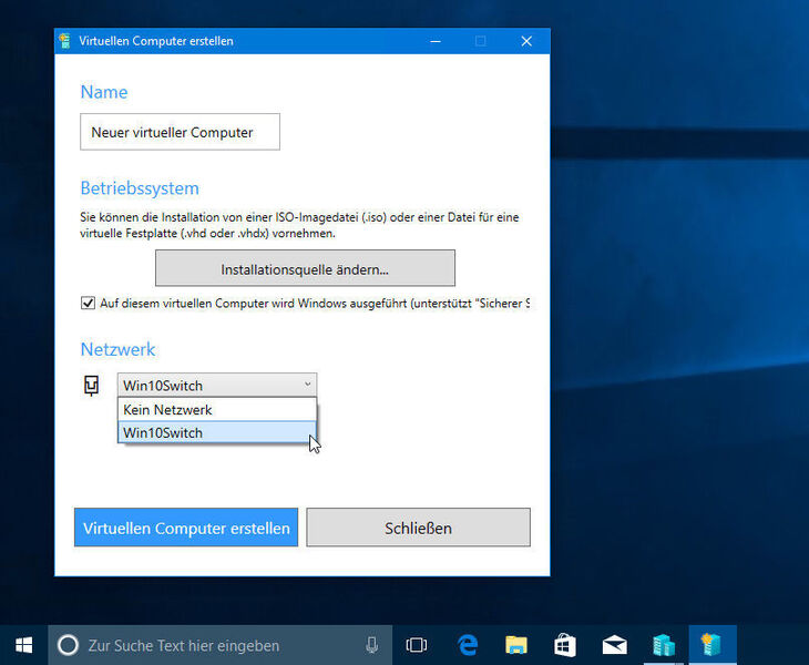 Auch, wenn seit dem Creators Update für Windows 10 nun eine „Schnellerstellung“ für virtuelle Maschinen zur Verfügung steht, muss der Nutzer auch hier einen existierenden virtuellen Switch angeben, damit „seine Virtualisierung“ funktioniert. (Schlede, Bär / Microsoft)