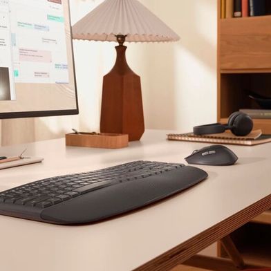 Das Logitech-Set MK880 Signature Comfort Plus kombiniert ein Keyboard mit gepolsterter Handballenauflage und eine Maus mit Handballenkissen. Die Polster sollen für Komfort bei der Arbeit im Büro oder im Homeoffice sorgen. (Bild: Logitech)