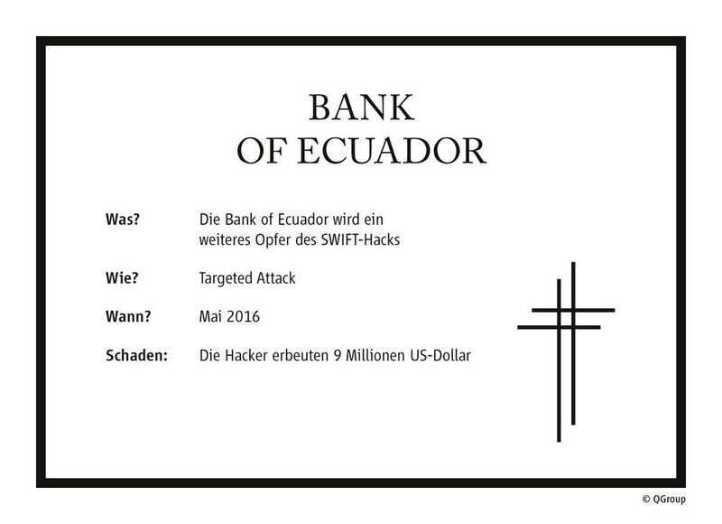 Die Bank of Ecuador fällt einem Hack des Zahlungsverkehrssystems SWIFT zum Opfer. Die Angreifer erbeuten 9 Millionen US-Dollar. (QGroup)