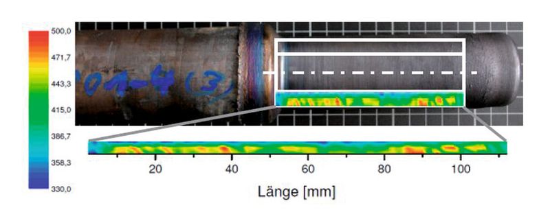 Bild 5: Bohrungsdrückwelle aus Ti-10V-2Fe-Al mit Härteverlauf im Verformungsbereich. (Bild: IWU)