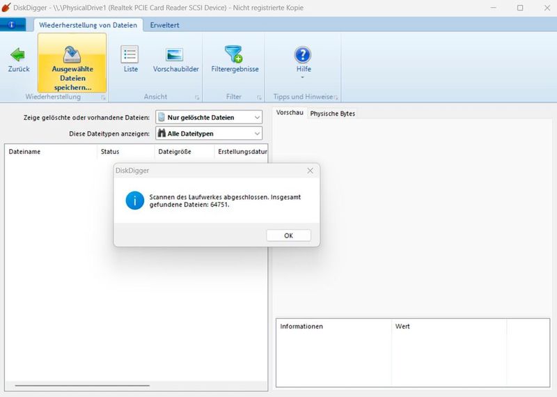 Nachdem DiskDigger Dateien gefunden hat, können diese im Programm wiederhergestellt werden. (Bild: Joos (Screenshot))