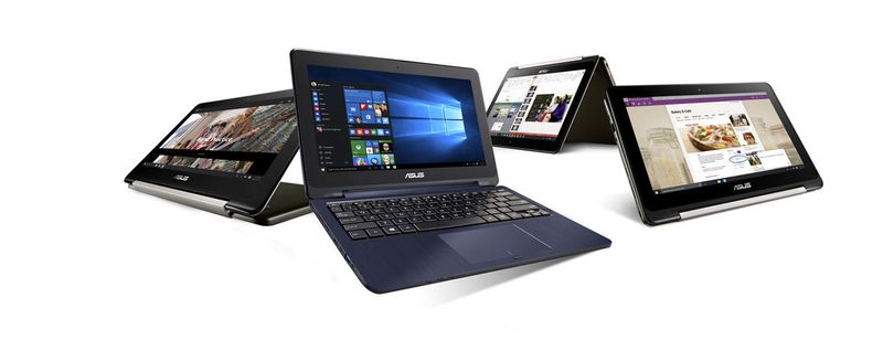 Die verschiedenen Nutzungsmodi des Transformer Book Flip TP200 von Asus: Stand, Notebook, Tent und Tablet. (Bild: Asus)