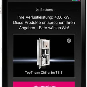 Im ersten Schritt gibt der Kunde in der Chiller App seine individuellen Kühlleistungs-Anforderung ein. Daraus wird die notwendige Kühlleistung ermittelt und automatisch ein passender Chiller der entsprechend ausgewählten Bauform vorgeschlagen.