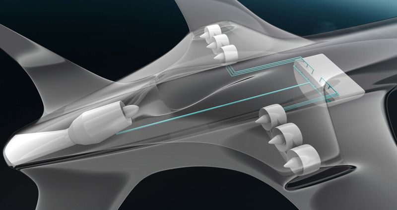 Projekt Distributed Electrical Aerospace Propulsion: Eine Gasturbine liefert den Strom für drei elektrisch angetriebene Propeller pro Tragfläche mit gemeinsamem Lufteinlass (EADS)