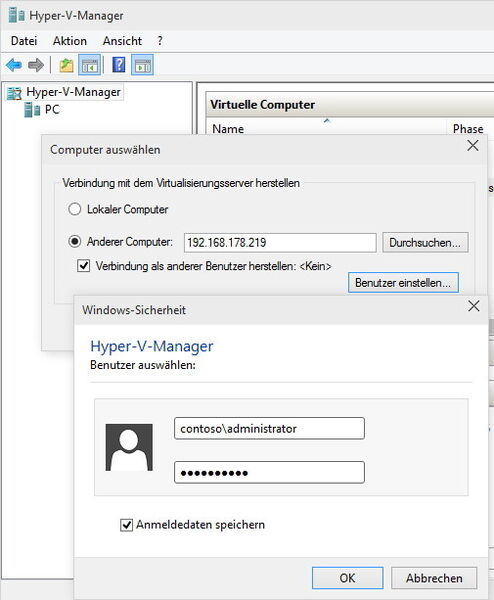 Abbildung 7: Im Hyper-V-Manager können Sie für jeden angebundenen Server benutzerdefinierte Anmeldedaten hinterlegen. Dadurch wird die Verwaltung von Hyper-V über das Netzwerk erleichtert. (Bild: Joos)