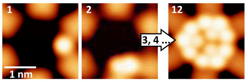 Untersuchung der Kondensation von Xenon: Dargestellt sind in Rastertunnelmikroskopie drei verschiedene Quantentöpfe, die ein, zwei und zwölf Xenon-Atome enthalten. (Bild: Universität Basel)