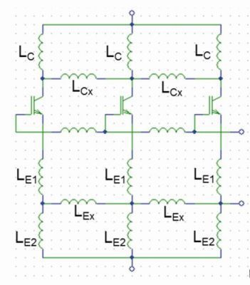 Bild 14: Ersatzschaltbild für die Anordnung in Bild 13; LC bezieht sich auf die drei Zuführungen zur Kollektorfläche auf der PCB, LE1 bezieht sich auf die Emitteranschlüsse der Gehäuse, LE2 bezieht sich auf die drei Leiter, die die Emitterleiterbahn kontaktieren und LCx, LEx beziehen sich auf die Streuinduktivität von Bauelement zu Bauelement am Kollektor bzw. Emitter. (Bild: Infineon)