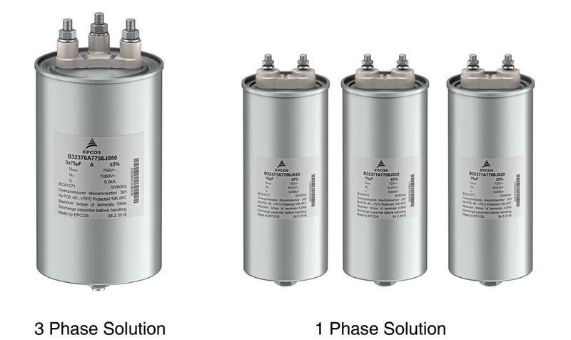 Bild 6: Verglichen mit drei einzelnen Kondensatoren bietet die dreiphasige Lösung mit nur einem Bauelement bei Platzbedarf, Gewicht und Zuverlässigkeit erhebliche Vorteile. (Bild: TDK Electronics)