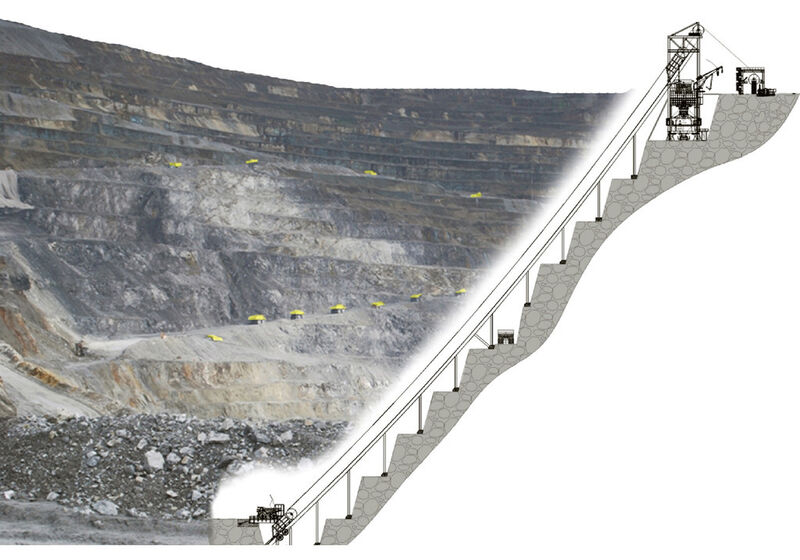 Fig. 4: The Thyssenkrupp Fördertechnik skip conveyor system (TKF patent pending). (Picture: Thyssenkrupp Fördertechnik)