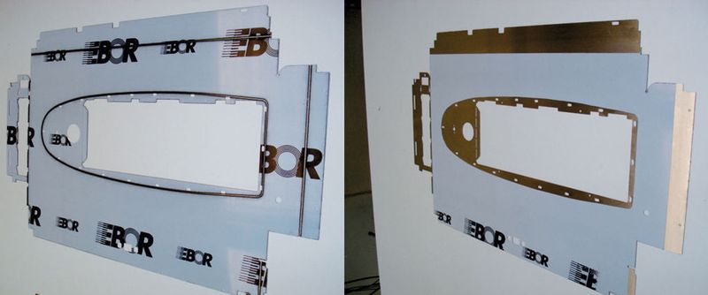 Zugeschnittene Edelstahlplatine vor (links) und nach dem Abziehen des eingeritzten Folienbereichs (rechts). Auf der Edelstahloberfläche entstehen keine Kratzer oder Ritzspuren. Bilder: Stark (Archiv: Vogel Business Media)