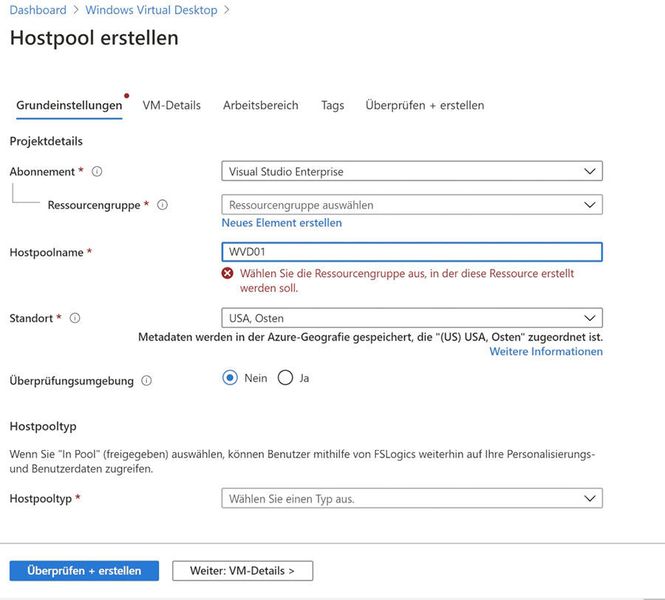 Basis der WVD-Bereitstellung ist ein Hostpool. Auch dieser wird im Azure-Portal erstellt. (Microsoft)