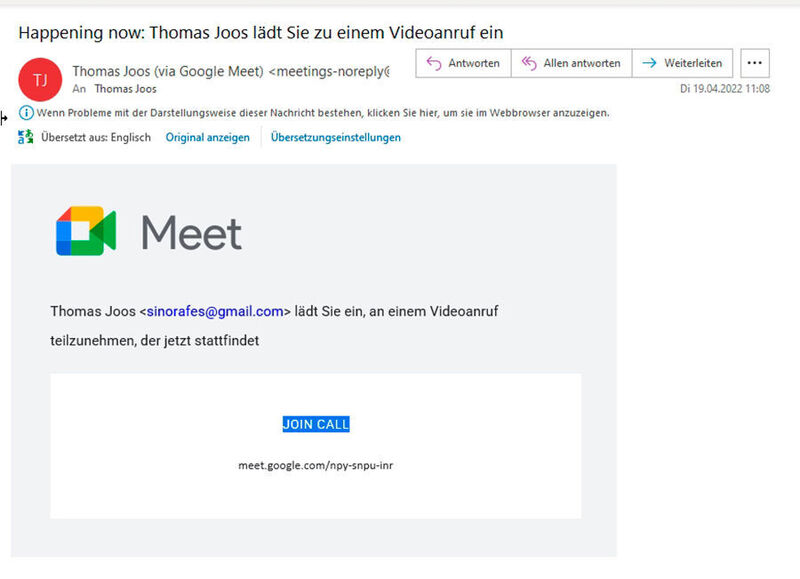 Einladungs-Mail zu einem Meeting in Google Meet. (Joos)