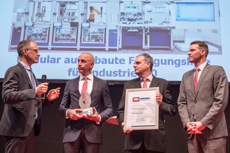 Die modular aufgebaute Fertigungslinie für Industrie 4.0 von Bosch Recroth gewann den MM Award in der Kategorie Automatisierung. (Messe München GmbH)