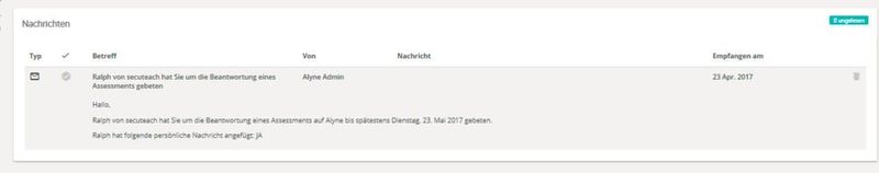 Die Aufforderung, sich am Alyne-Assesment (Fragebogen-Aktion) zu beteiligen. Hier die Darstellung über das Dashboard in der Web-GUI. (Alyne)