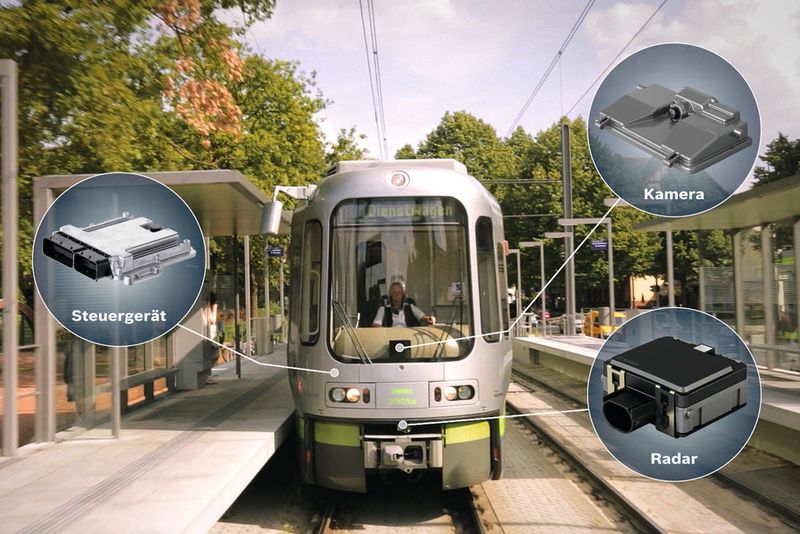 Das neue Kollisionswarnsystem für Stadt- und Straßenbahnen der Bosch Engineering GmbH erfasst mit jeweils einem Radar- und Videosensor Fahrzeuge, Busse, benachbarte Schienenfahrzeuge und feststehende Hindernisse auf dem Schienenweg. Erkennt das System ein Unfallrisiko, warnt es den Zugführer und bremst die Bahn selbständig ab. (Bosch)