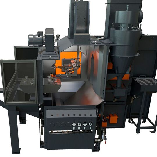 The swing satellite table machine, equipped with blast turbine and air blast nozzles, guarantees energy-efficient operation. The swing satellite table machine, equipped with blast turbine and air blast nozzles, guarantees energy-efficient operation.