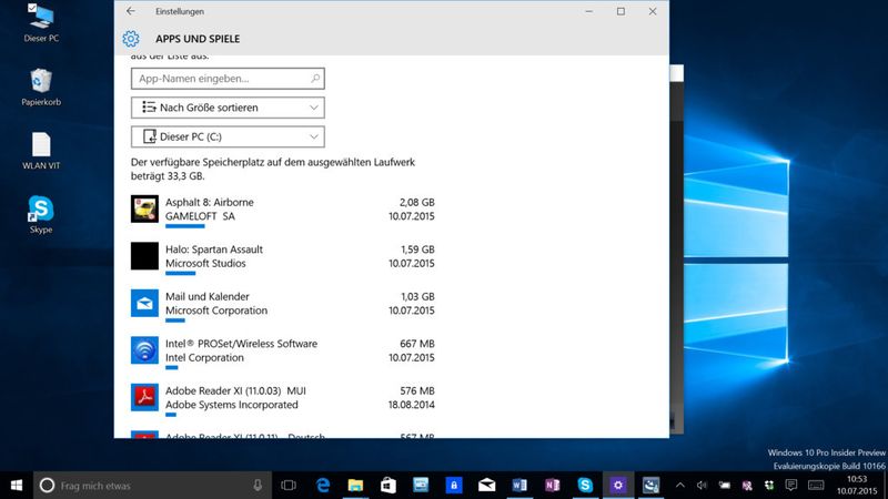 Praktisch ist, dass nun bei Apps und Windows-Programmen der Platz angezeigt wird, den sie auf SSD oder Festplatte belegen. (Bild: VIT)
