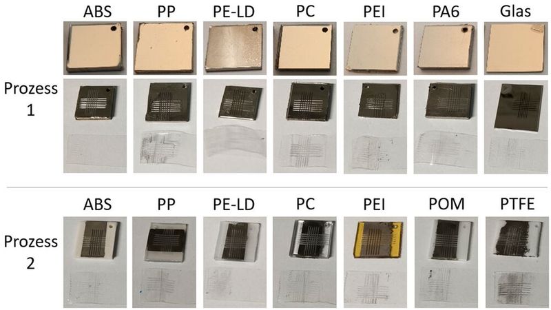 Hält! Das sind sogenannte Gitterschnitttests, mit denen man typischerweise untersucht, ob Beschichtungen gut auf Oberflächen haften. Hier die Ergebnisse nach der Metallisierung von glatten Kunststoffteil-Oberflächen und Glas.