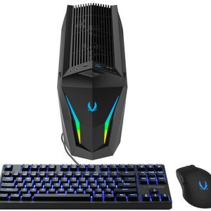 Die Größenrelation zu einem Mini-Keyboard und einer Maus macht deutlich, wie kompakt der Zotac MEK Mini ist.