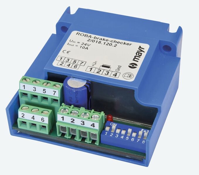 Das Modul Roba-brake-checker kann Bremsen nicht nur bestromen, sondern auch sensorlos überwachen. Damit eröffnen sich neue Möglichkeiten beim Monitoring von Sicherheitsbremsen. (Bild: Mayr Antriebstechnik)