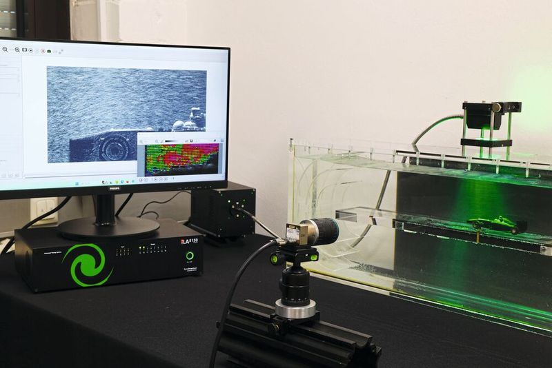 Versuchsaufbau mit Strömungskanal, Strömungsmodell, Beleuchtungsquelle, Steuerungseinheit und uEye EVS Kamera.(Bild:  IDS Imaging Development Systems GmbH)