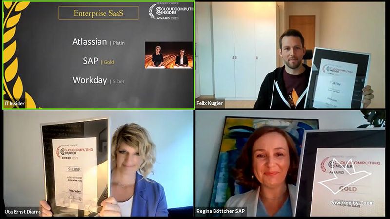 Gewinner in der Kategorie „Enterprise SaaS“ sind in diesem Jahr Atlassian mit Platin (den Preis nahm Felix Kugler entgegen), SAP mit Gold (vertreten durch Regina Böttcher) und Workday holte Silber (vertreten durch Uta Ernst-Diarra). (Vogel IT-Medien)
