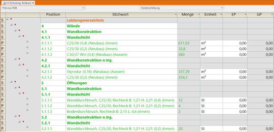 (Das generierte Leistungsverzeichnis – fertig für die Kostenschätzung. Bildquelle: G&W Software AG, München)