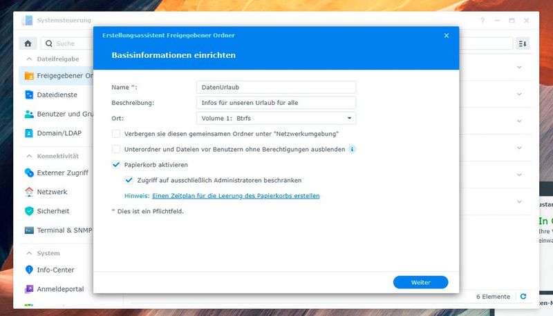 Erstellen einer neuen Freigabe auf einem Synology-NAS-System und Aktivieren des Papierkorbs. (Bild: Joos – Synology)