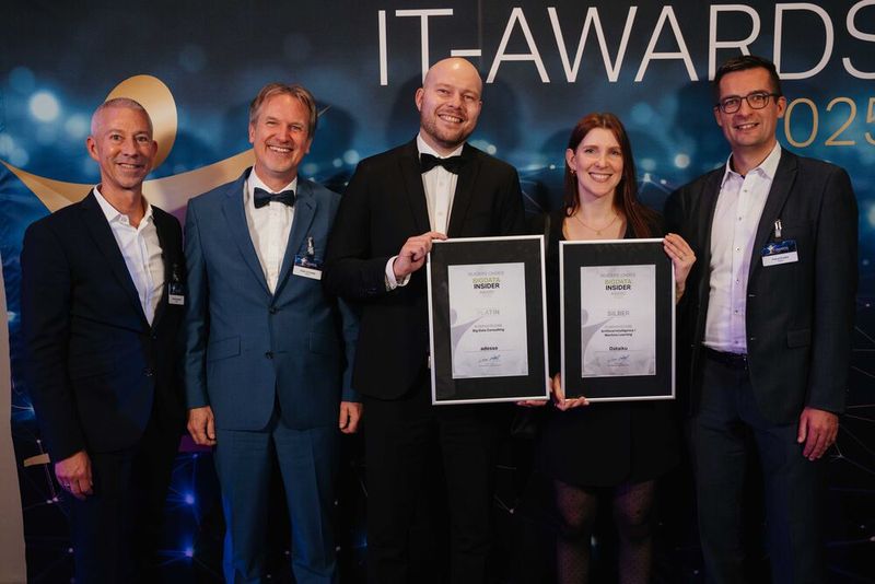 Christan Deponte von Dataiku sowie Heiko Gronwald und Dennis Peuser von adesso. Von Dataiku zudem Melanie Marchand und Pascal Kutzka. (Bild: Manuel Emme Fotografie)