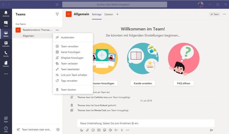 Unterhalb von Teams steht der Kanal „Allgemein“ zur Verfügung, der für alle Team im Abonnement verfügbar ist. (Bild: Joos / Microsoft)