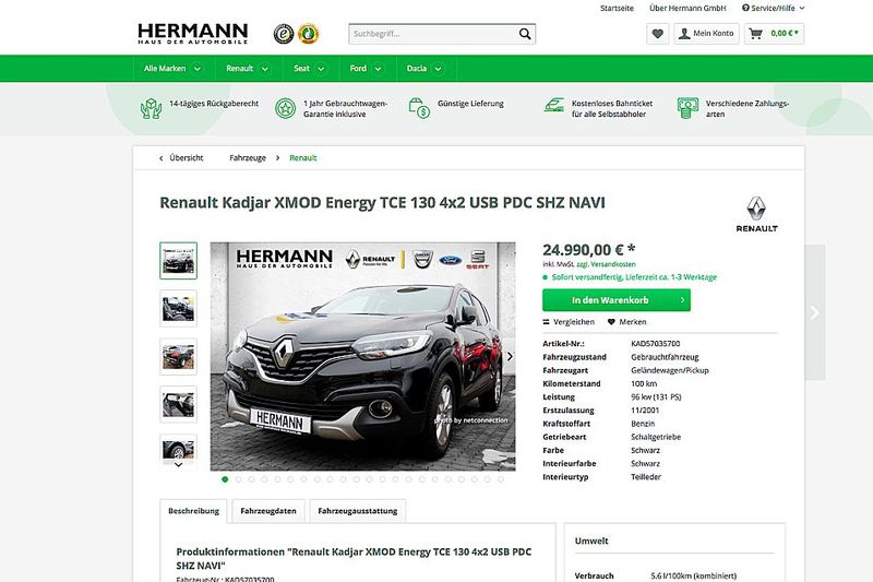 Das Angebot soll funktionieren wie von anderen Shop-Angeboten gewohnt: suchen, auswählen, in den Warenkorb legen, bezahlen, geliefert bekommen. (Screenshots:Autohaus Hermann)