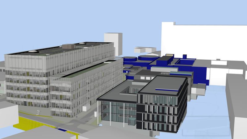 BIM-Modell der Rückseite des neuen Zentrallabors am Uniklinikum Düsseldorf.(Bild:  Formitas AG mit freundlicher Genehmigung von UKD und Carpus+Partner)