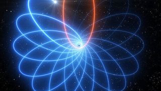 Prize-winning discovery: observations have revealed for the first time that a star orbiting the supermassive black hole at the centre of the Milky Way moves just as predicted by Einstein’s theory of general relativity. This artist’s impression illustrates the precession of the star’s orbit, with the effect exaggerated for easier visualisation. (ESO / L. Calçada)