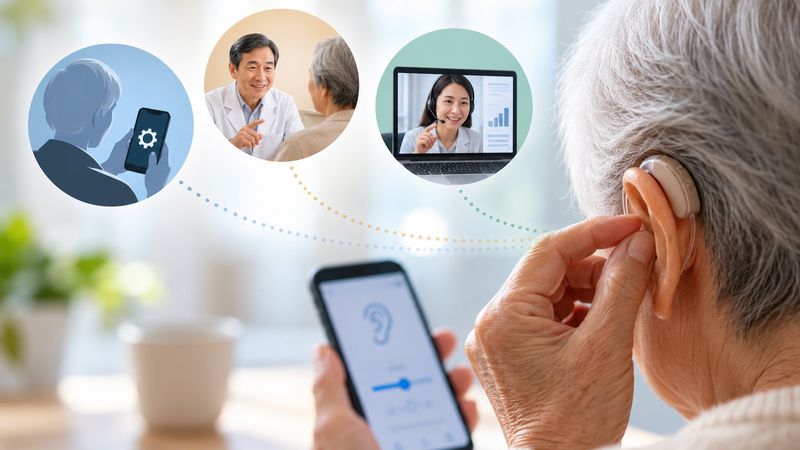 Drei Wege zum eingestellten Hörgerät: allein, mit ärztlicher Hilfe vor Ort oder per Video mit Audiologen. Mit Betreuung war der wahrgenommene Nutzen in einer Studie aus China größer.(Bild:  Redaktion Devicemed; KI-generiertes Symbolbild)