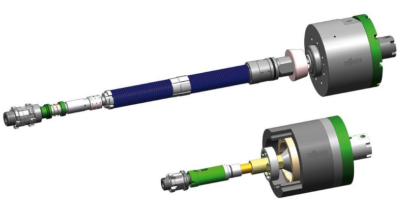 Im Vergleich: Zu herkömmlichen Konstruktionen ergeben sich enorme Bauraumeinsparungen. Oben: HSK-Spannsystem mit Federspannung; unten: die extrem kurze Bauweise von „Super-Lock“. HSK 63:216 mm (Archiv: Vogel Business Media)