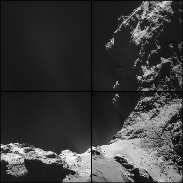 Montage aus vier Einzelaufnahmen, die die Navigationskamera an Bord der Raumsonde Rosetta am 18. Oktober 2014 vom Kometen 67P/Churyumov-Gerasimenko gemacht hat. Sie entstanden aus etwa 7,8 km Entfernung zur Oberfläche des Kometen. (Bild: ESA)