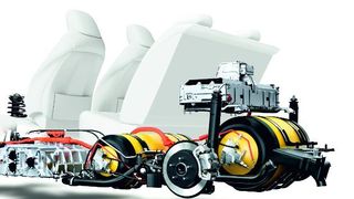 Die Antriebstechnik des Toyota Mirai: (v. li.) Elektromotor samt Leistungselektronik, Brennstoffzellen, zwei unterschiedlich große Wasserstofftanks und eine Traktionsbatterie. (Toyota)