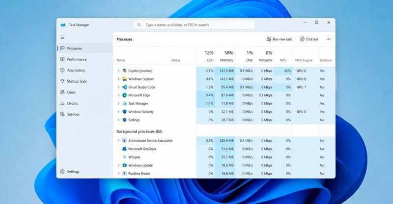 „Windows 11 Task Manager“ erhält zusätzliche NPU-Metriken. (Bild:  Thomas Joos)